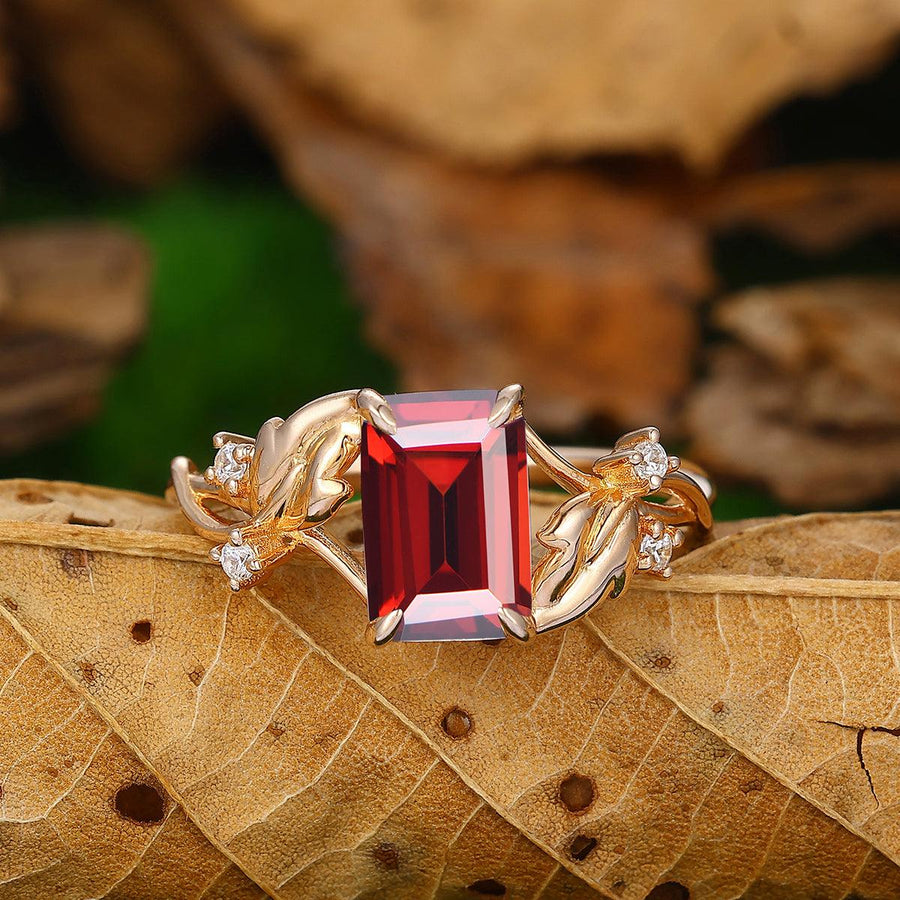 Nature Inspired 925 Sterling Sliver Red garnet Leaf Twist Band Ring - Esdomera