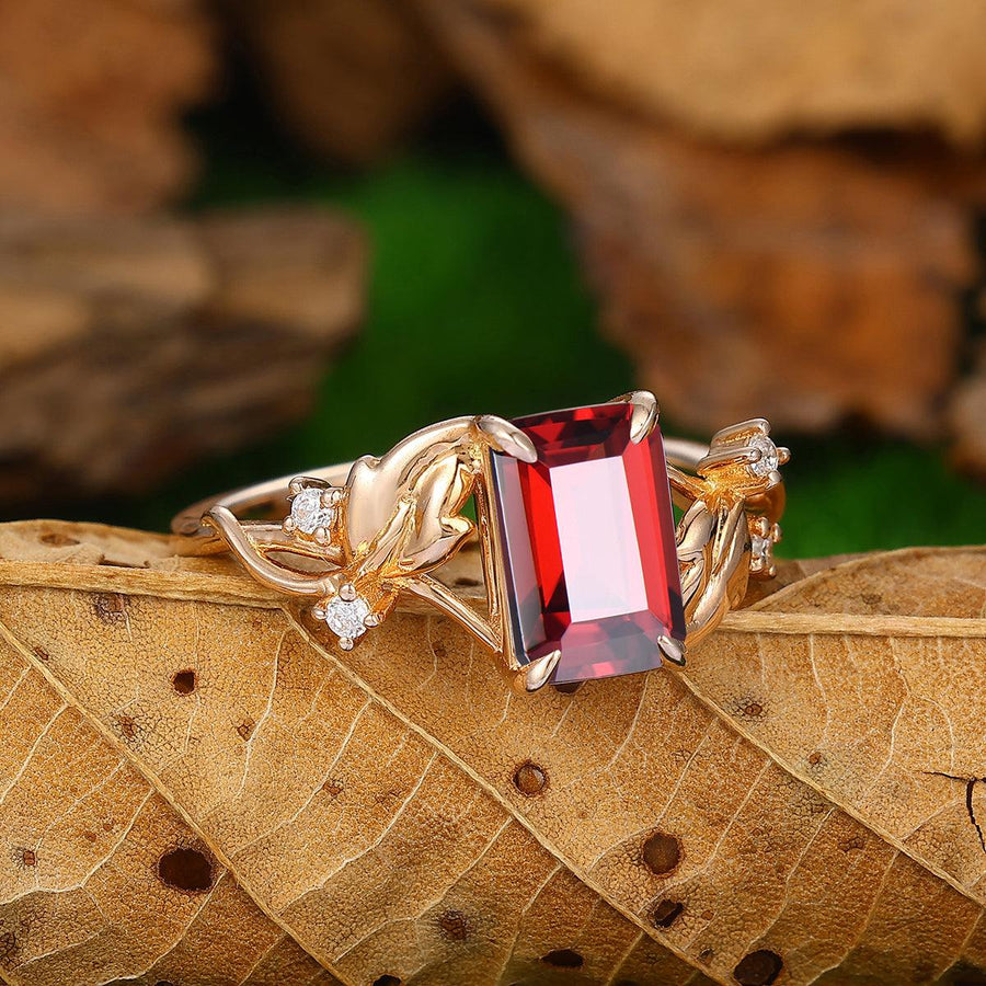 Nature Inspired 925 Sterling Sliver Red garnet Leaf Twist Band Ring - Esdomera