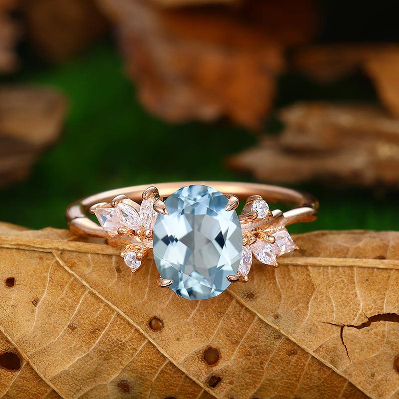 Nature Inspired Aquamarine Sliver Art Deco Leaf Stackable Engagement Ring - Esdomera