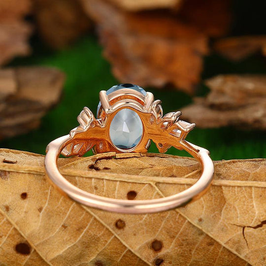 Nature Inspired Aquamarine Sliver Art Deco Leaf Stackable Engagement Ring - Esdomera