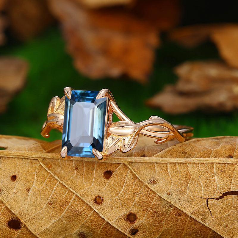 Nature Inspired Emerald shape London blue topaz Leaf Twist Vines solitaire Ring - Esdomera