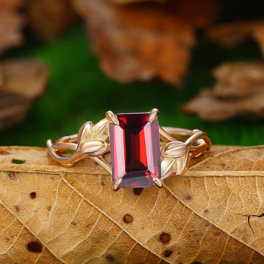 Nature Inspired Leaf Twist Design 14k Solid Gold Natural Red Garnet Engagement Ring - Esdomera