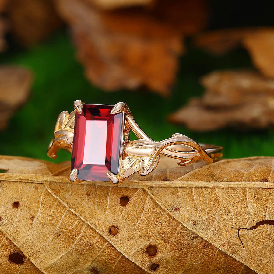 Nature Inspired Leaf Twist Design 14k Solid Gold Natural Red Garnet Engagement Ring - Esdomera
