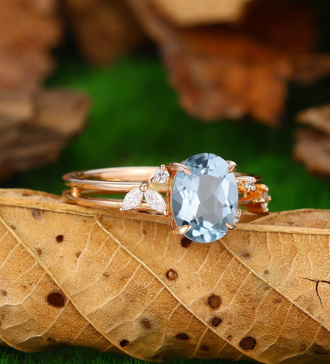 nature inspired natural aqumarine engagement ring art deco enhancer band women jewelry gift - Esdomera