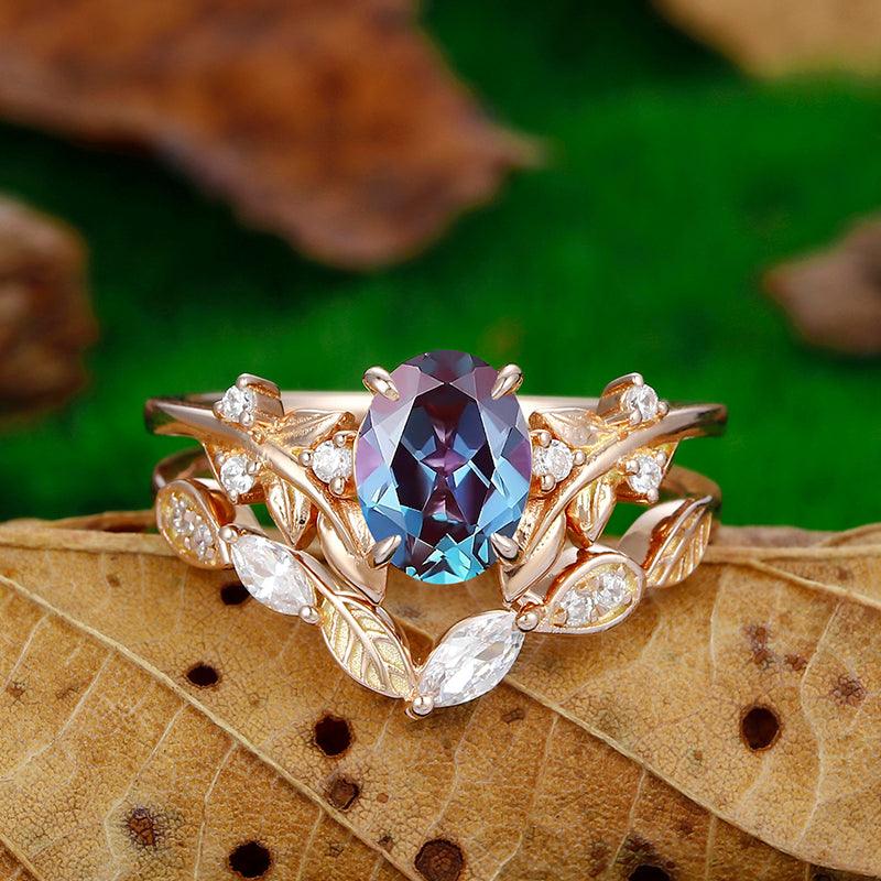 Nature Inspired Oval Cut 14K Gold Leaf Twist Vines Alexandrite Art Deco Marquise Leaf Bridal Set - Esdomera