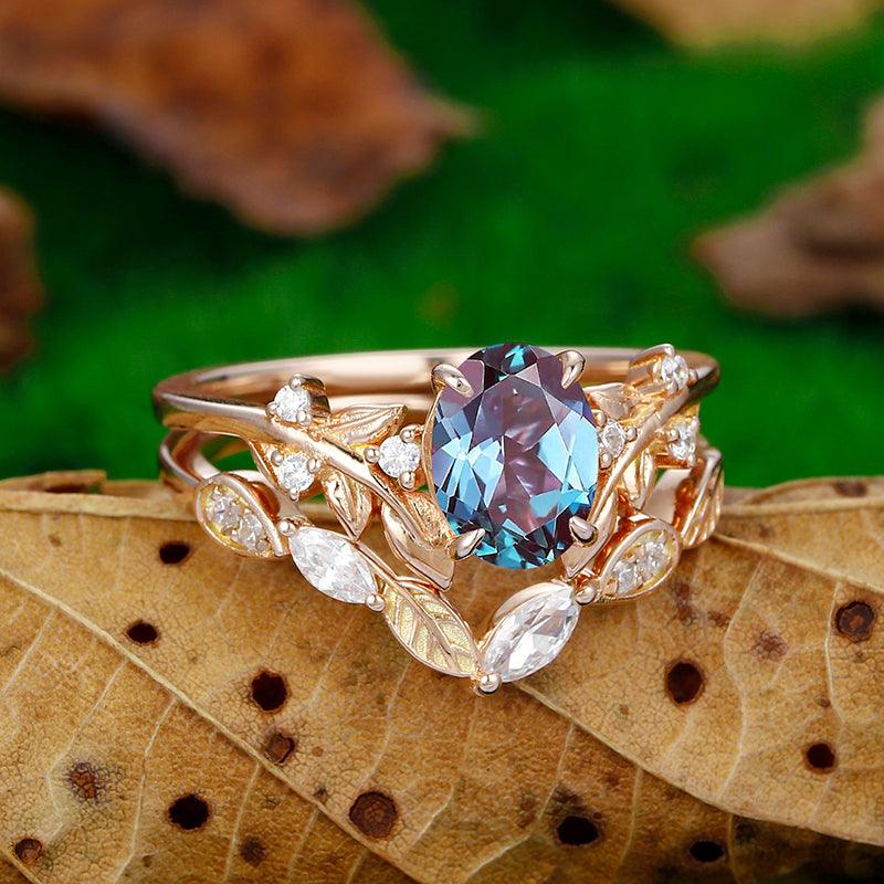 Nature Inspired Oval Cut 14K Gold Leaf Twist Vines Alexandrite Art Deco Marquise Leaf Bridal Set - Esdomera