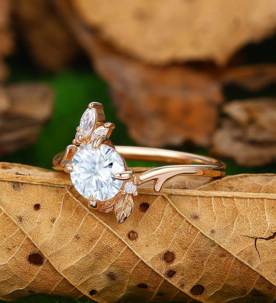 Nature Inspired Round Lab Grown Diamond Engagement Leaf Ring - Esdomera