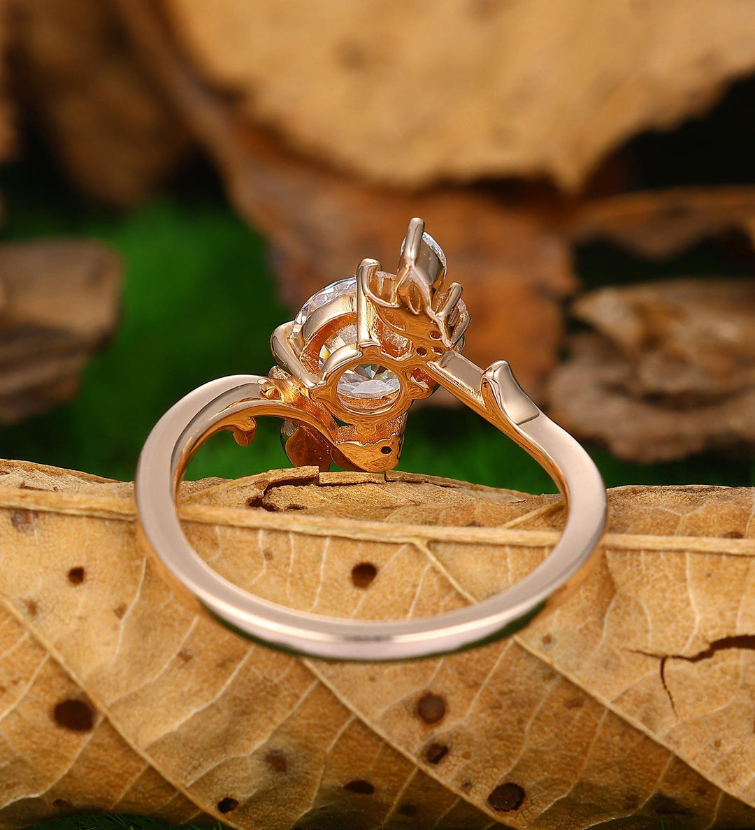 Nature Inspired Round Lab Grown Diamond Engagement Leaf Ring - Esdomera