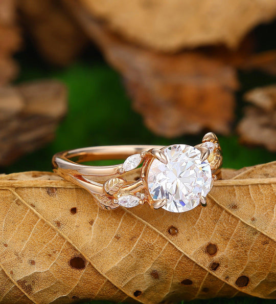 Nature Inspired Round Lab Grown Diamond Engagement Ring Leaves Band - Esdomera
