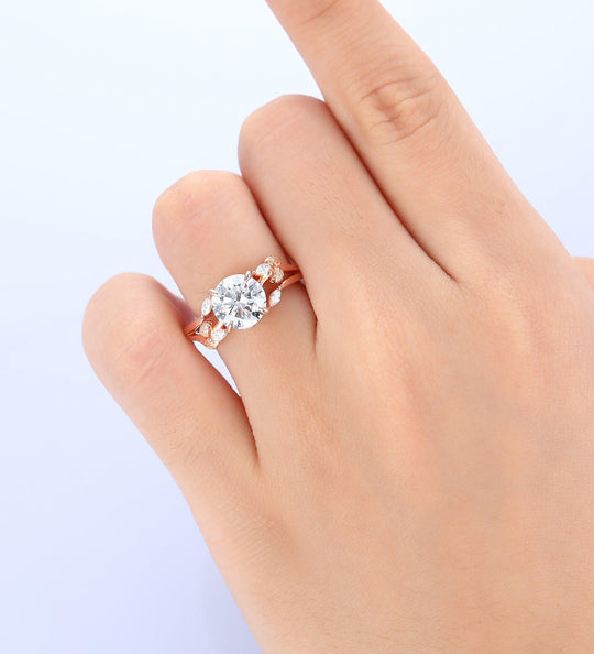 Nature Inspired Round Lab Grown Diamond Engagement Ring Leaves Band - Esdomera