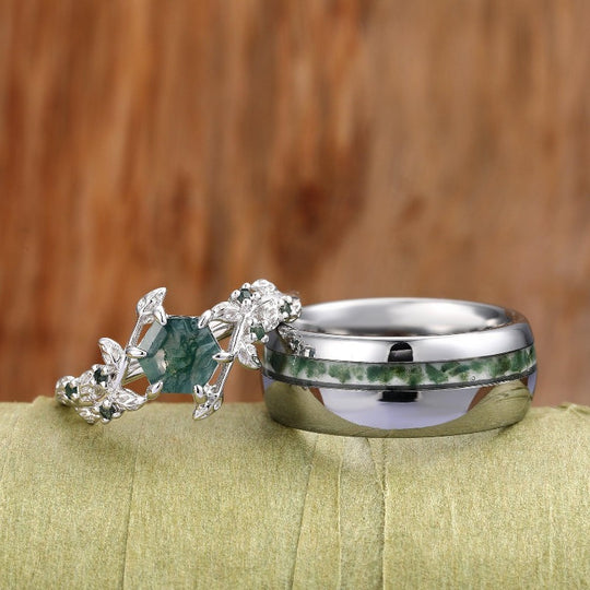 Nature Kite Green Moss Agate Couples Ring Set His and Hers Wedding Band 925 Sterling Silver White Gold Gift Ring - Esdomera