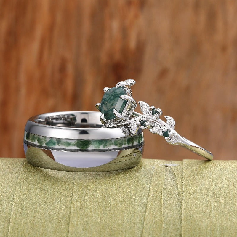 Nature Kite Green Moss Agate Couples Ring Set His and Hers Wedding Band 925 Sterling Silver White Gold Gift Ring - Esdomera