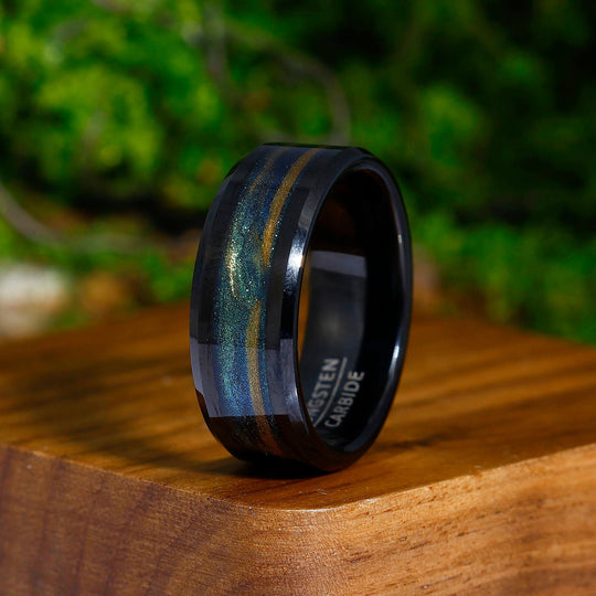 Nebula Brown Green Flowing Sand Inlay 8mm Tungsten Men’s Wedding Band Unisex Rings - Esdomera