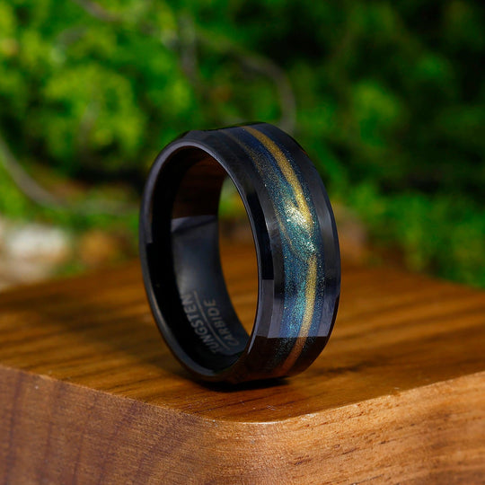 Nebula Brown Green Flowing Sand Inlay 8mm Tungsten Men’s Wedding Band Unisex Rings - Esdomera