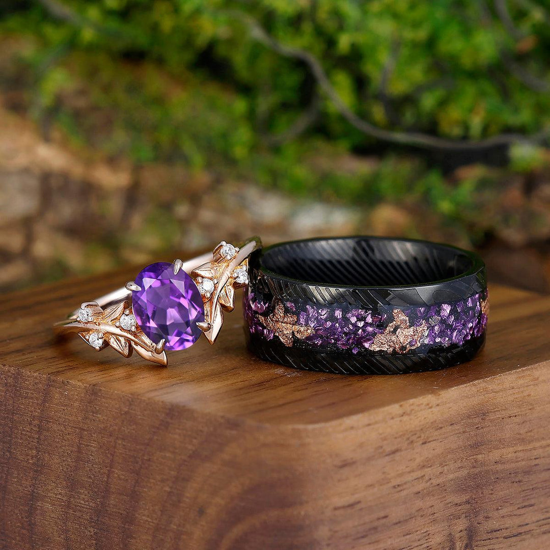 Noble Foliage Amethyst Engagement His and Hers Wedding Band Matching Damascus Steel Couples Ring Set - Esdomera