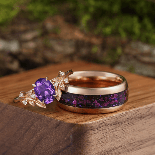 Noble Leaf Amethyst Engagement Prong Wedding Ring Blue Sandstone Amethyst Tungsten Couples Ring Set - Esdomera