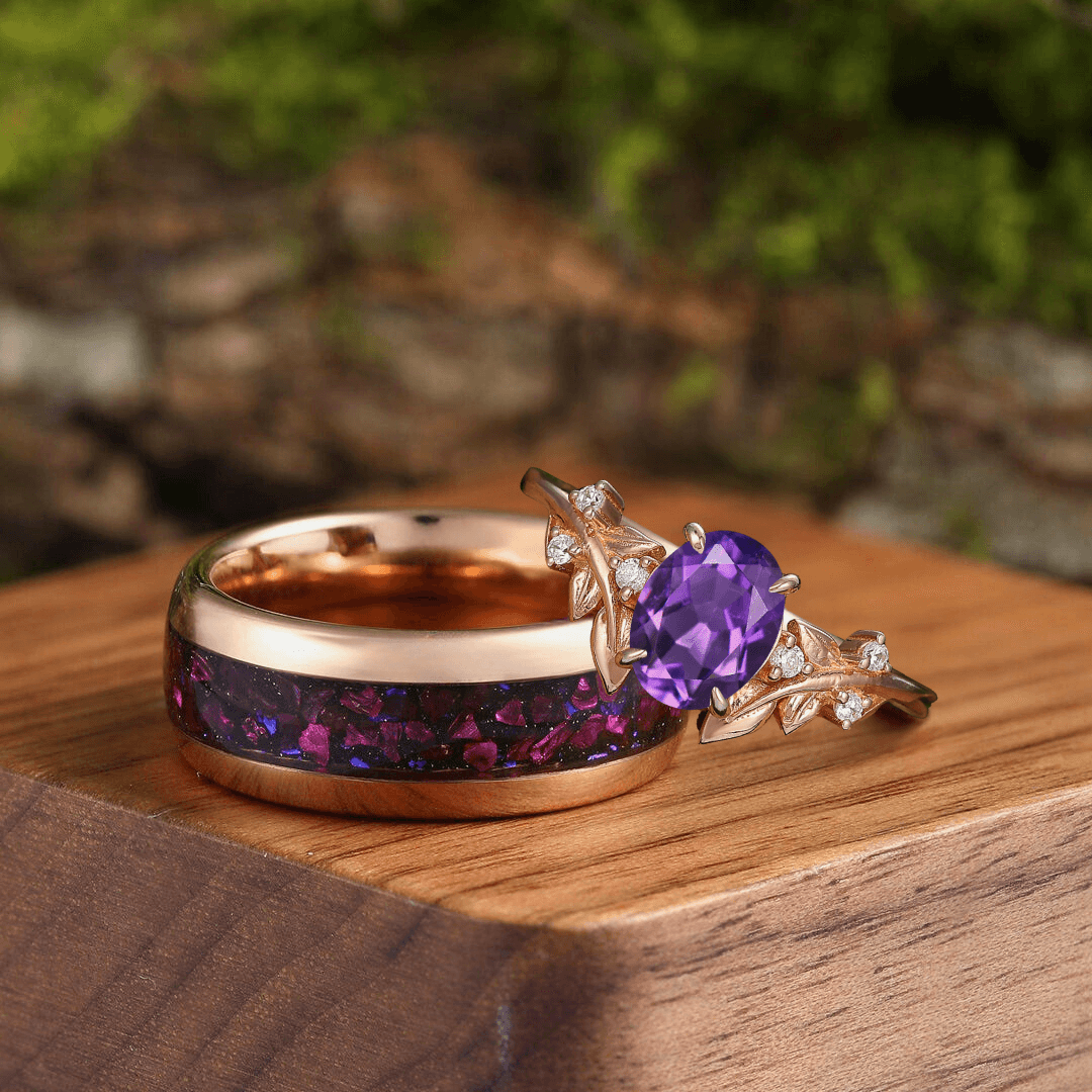 Noble Leaf Amethyst Engagement Prong Wedding Ring Blue Sandstone Amethyst Tungsten Couples Ring Set - Esdomera