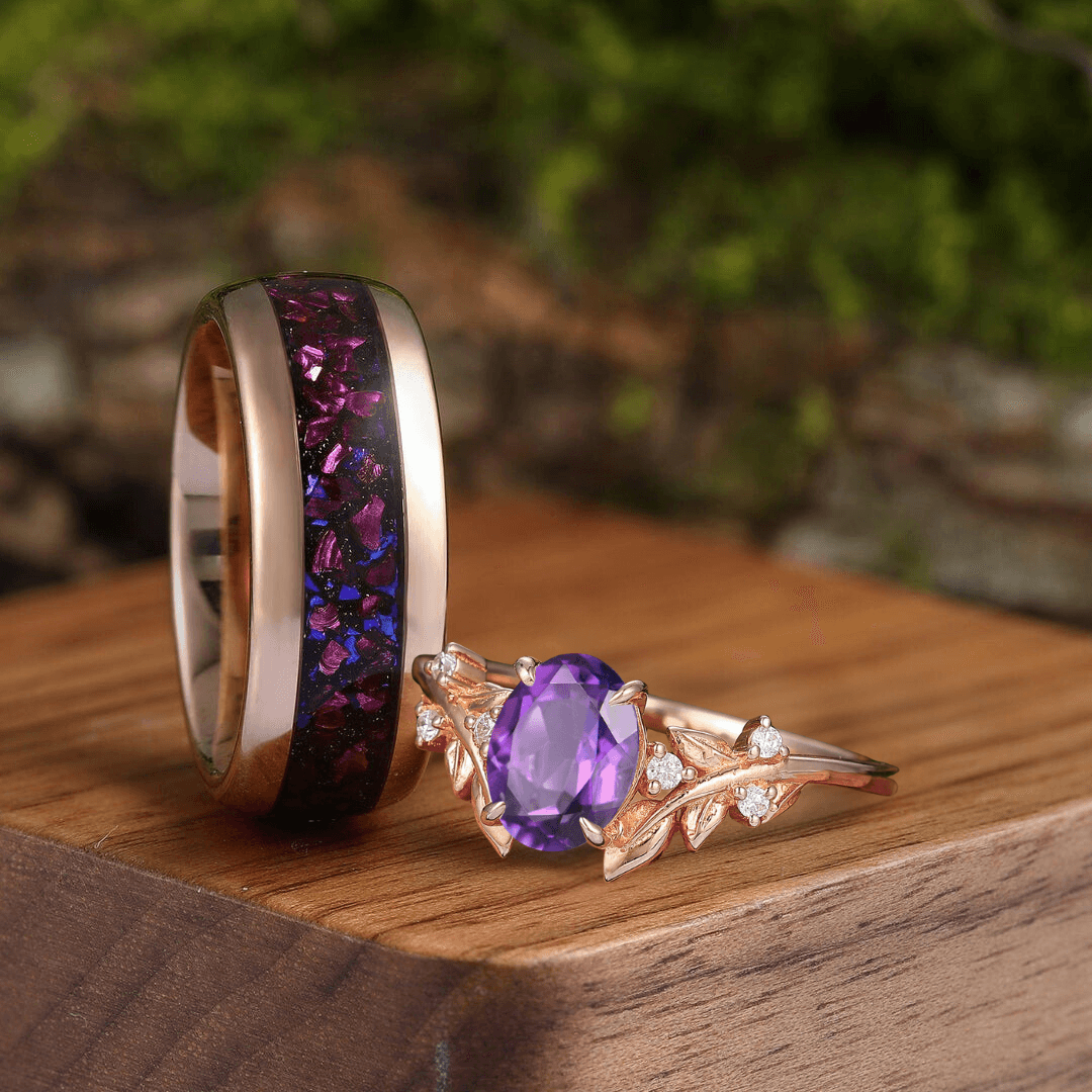 Noble Leaf Amethyst Engagement Prong Wedding Ring Blue Sandstone Amethyst Tungsten Couples Ring Set - Esdomera