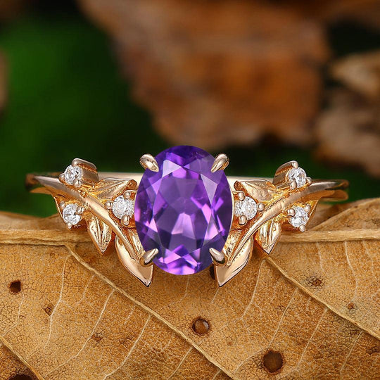 Noble Leaf Amethyst Engagement Prong Wedding Ring Blue Sandstone Amethyst Tungsten Couples Ring Set - Esdomera