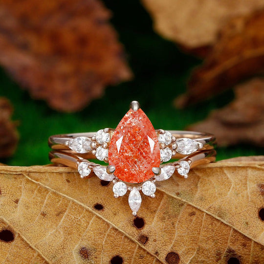 Noble Orange Sunstone Promise Engagement Ring Set 2 Piece Women Fine Wedding Band - Esdomera