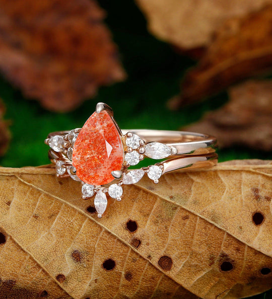 Noble Orange Sunstone Promise Engagement Ring Set 2 Piece Women Fine Wedding Band - Esdomera