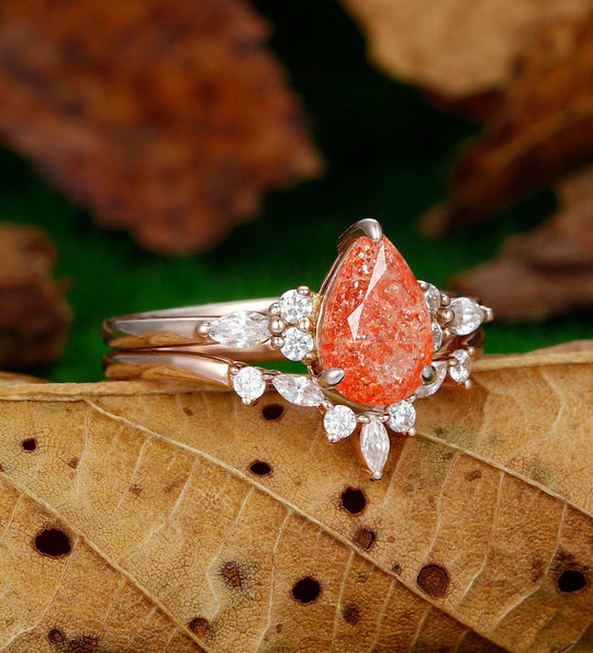 Noble Orange Sunstone Promise Engagement Ring Set 2 Piece Women Fine Wedding Band - Esdomera