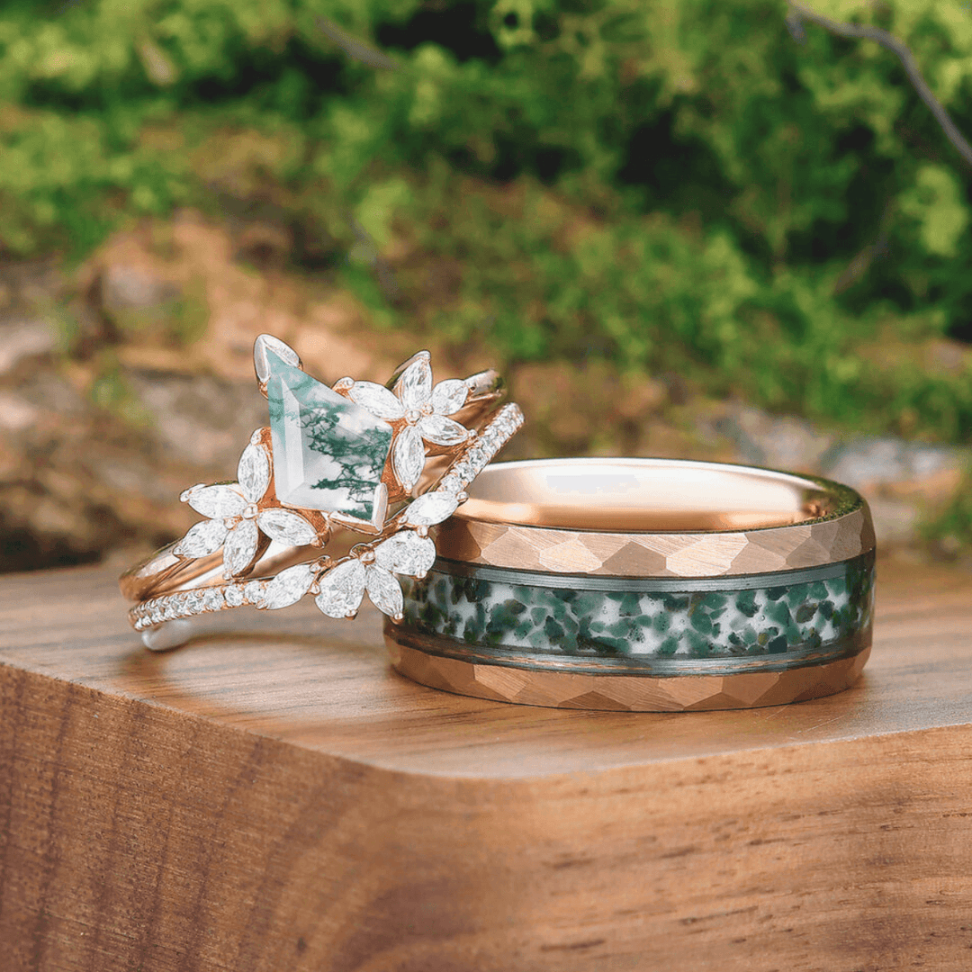 Noble Petal Kite Cut Moss Agate Ring Set 925 Sterling Silver And Tungsten Couples Ring - Esdomera