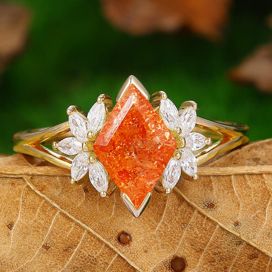 Noble Petal Orange Sunstone Engagement Ring Orange Gemstone Promise Women Ring - Esdomera