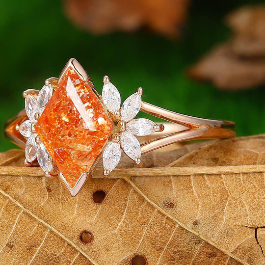 Noble Petal Orange Sunstone Engagement Ring Orange Gemstone Promise Women Ring - Esdomera