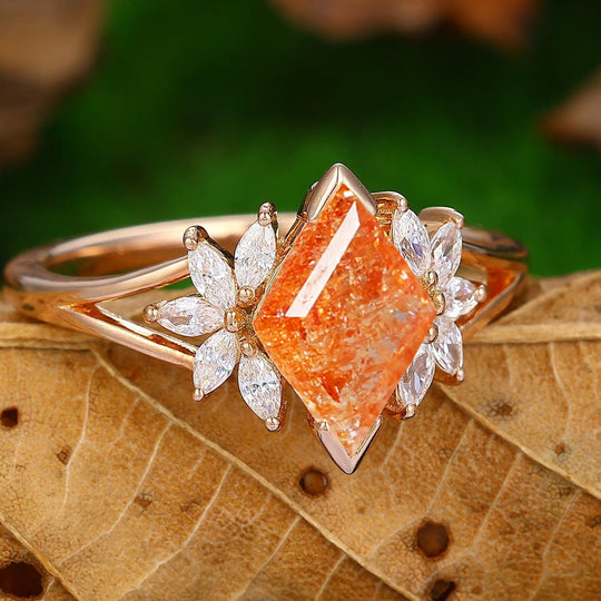 Noble Petal Orange Sunstone Engagement Ring Orange Gemstone Promise Women Ring - Esdomera