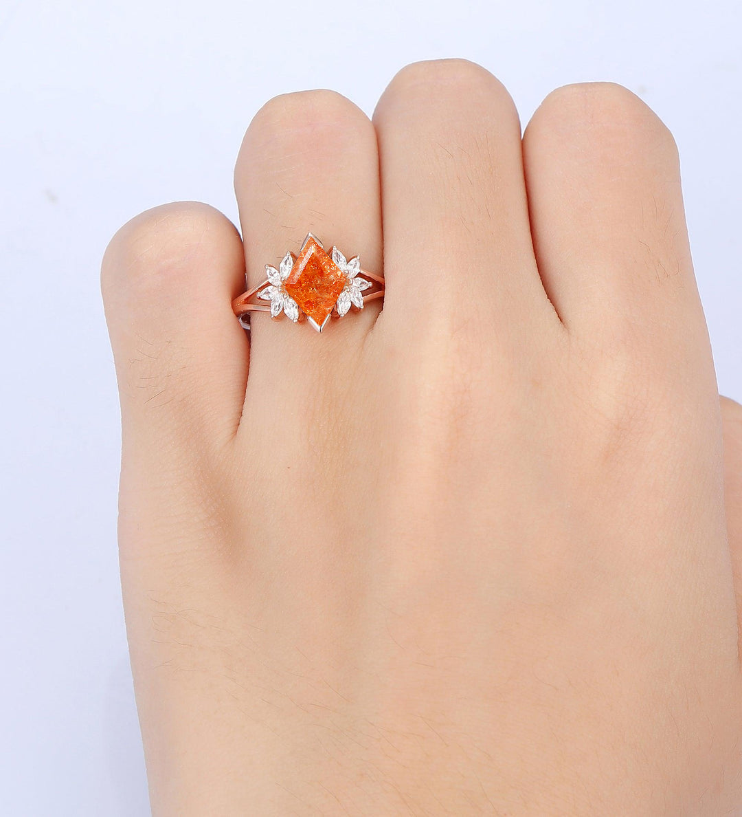 Noble Petal Orange Sunstone Engagement Ring Orange Gemstone Promise Women Ring - Esdomera