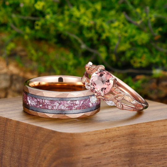 Noble Pink Morganite Blade Engagement Couple Rings Matching Pink Tungsten His And Hers Wedding Bands - Esdomera