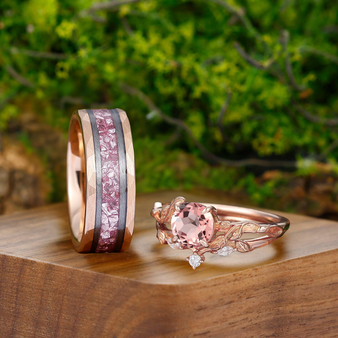 Noble Pink Morganite Blade Engagement Couple Rings Matching Pink Tungsten His And Hers Wedding Bands - Esdomera