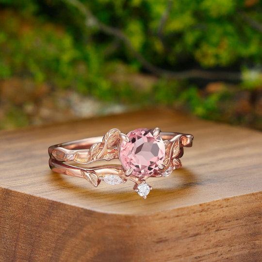 Noble Pink Morganite Blade Engagement Couple Rings Matching Pink Tungsten His And Hers Wedding Bands - Esdomera