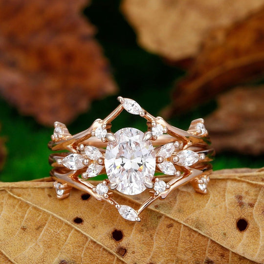 Oval Cut 1.5 Carat Cluster Nature Inspired Twig Moissanite Bridal Ring Set - Esdomera