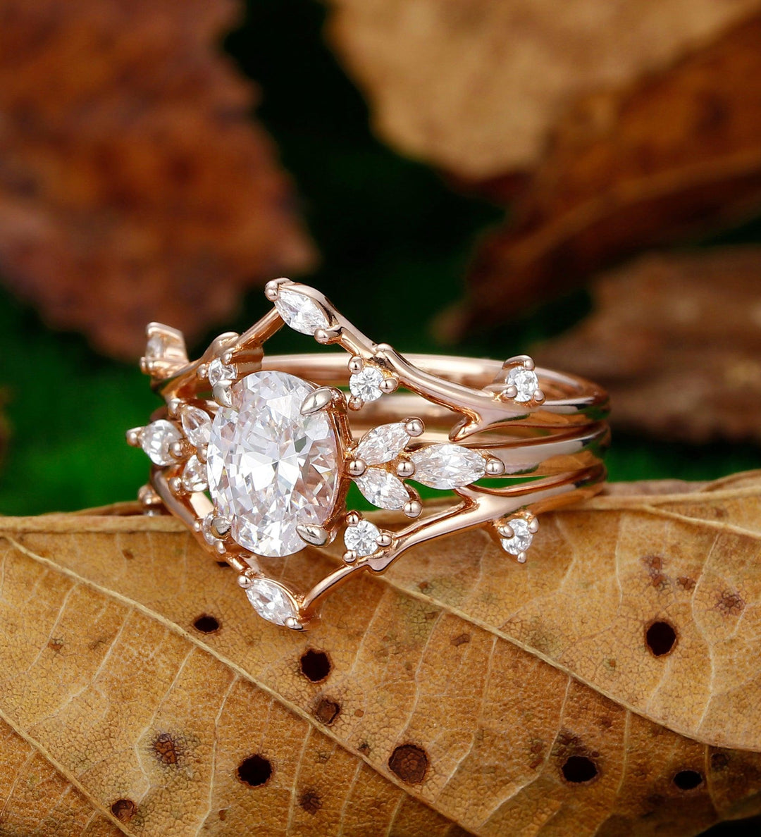 Oval Cut 1.5 Carat Cluster Nature Inspired Twig Moissanite Bridal Ring Set - Esdomera