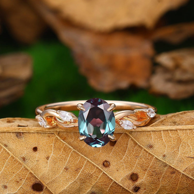 Oval Cut 1.5Carat 14k Rose Gold Twig Leaf Amethyst Alexandrite Moissanite Ring - Esdomera