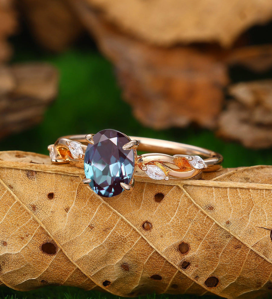 Oval Cut 1.5Carat 14k Rose Gold Twig Leaf Amethyst Alexandrite Moissanite Ring - Esdomera