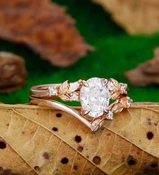oval cut 1.5CT moissanite ring rose gold leaf band nature inspired bridal set - Esdomera