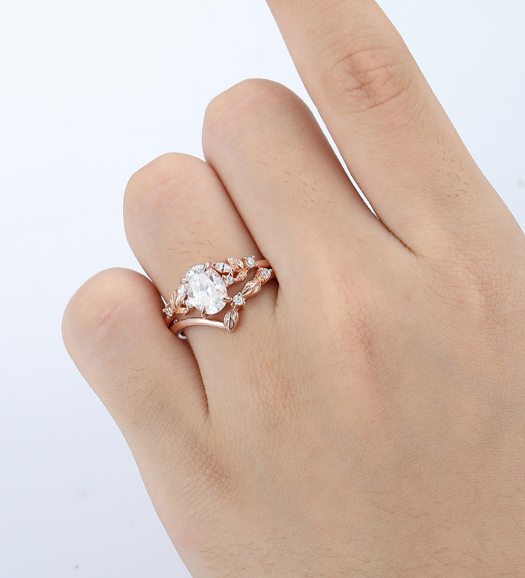 oval cut 1.5CT moissanite ring rose gold leaf band nature inspired bridal set - Esdomera