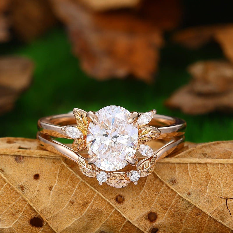 Oval Cut 2CT Moissanite Rose Gold Leaf Cluster Art Deco Cluster Diamond Bridal Ring Set - Esdomera