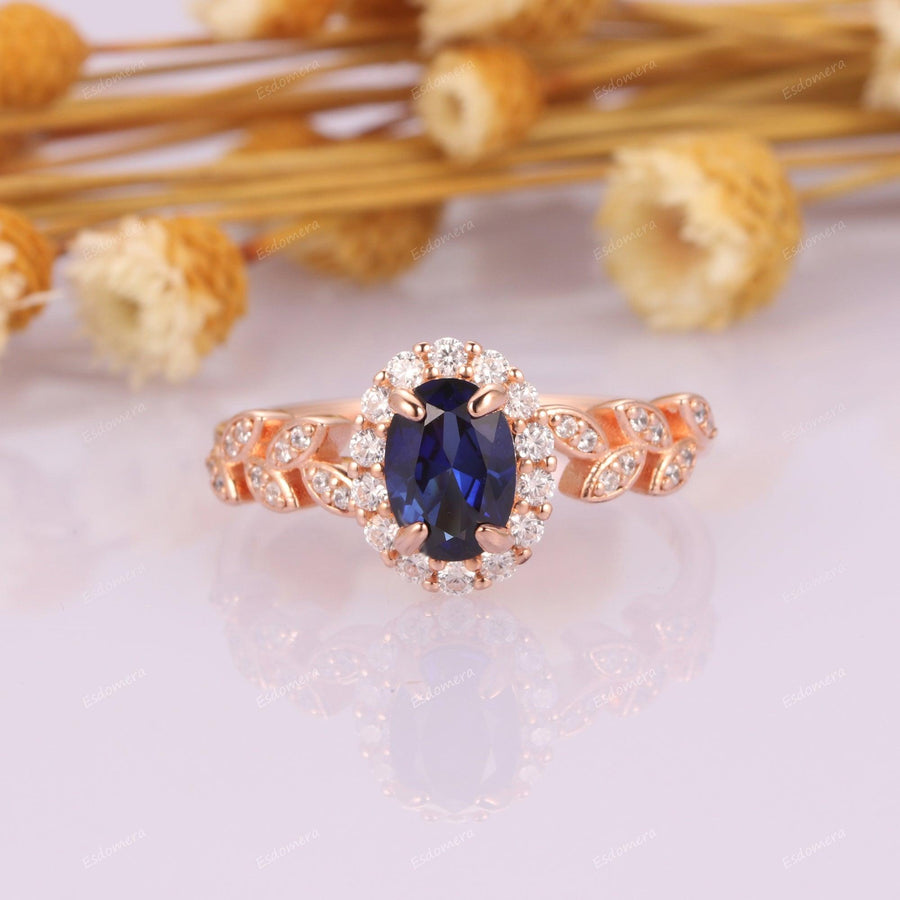 Oval Cut 5x7mm Blue Sapphire Wedding Ring, 14K Rose Gold Art Deco Leaf Vine Engagement Ring - Esdomera