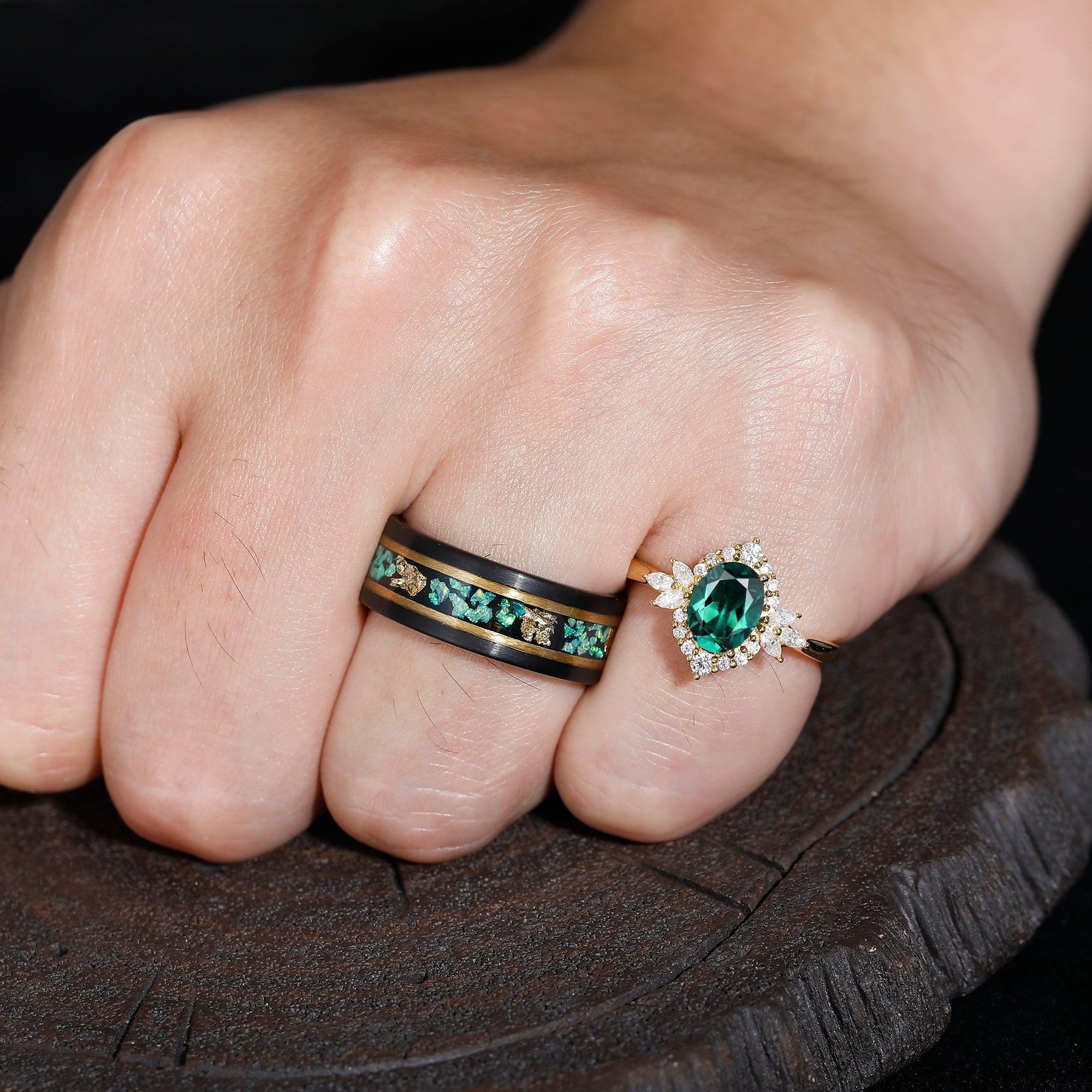 Oval Emerald Cluster Ring Matching Blue Green Opal Tungsten Anniversar