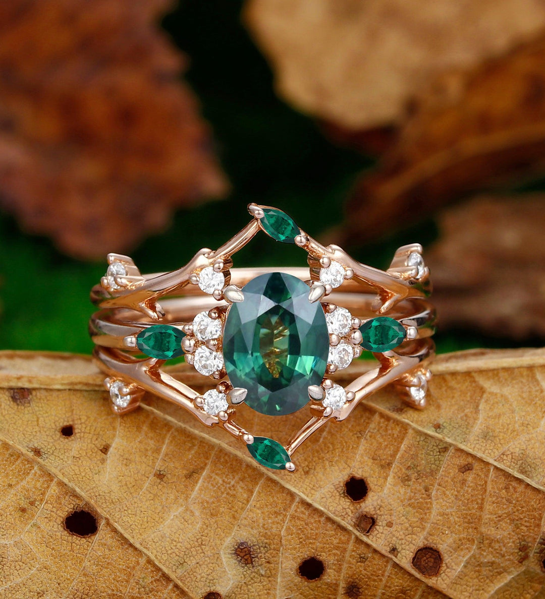 Oval Shaped 1.5Carat Teal Moissanite Marquise Emerald Enhancer Leaf Branch ring - Esdomera