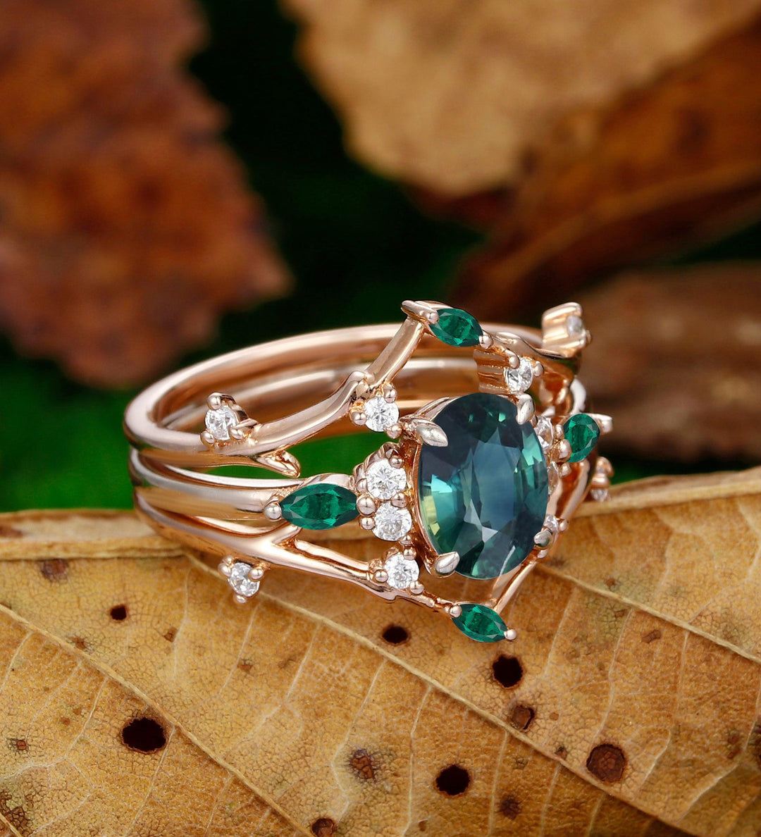 Oval Shaped 1.5Carat Teal Moissanite Marquise Emerald Enhancer Leaf Branch ring - Esdomera