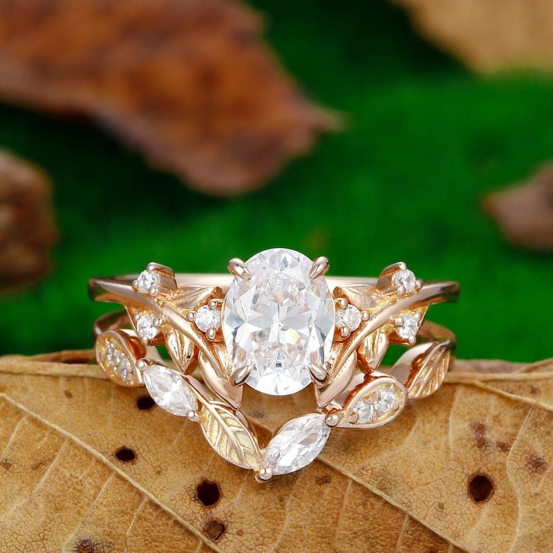 Oval Shaped 1.5CT Rose Gold Leaf Nature Inspired Moissanite Engagement Ring Set - Esdomera