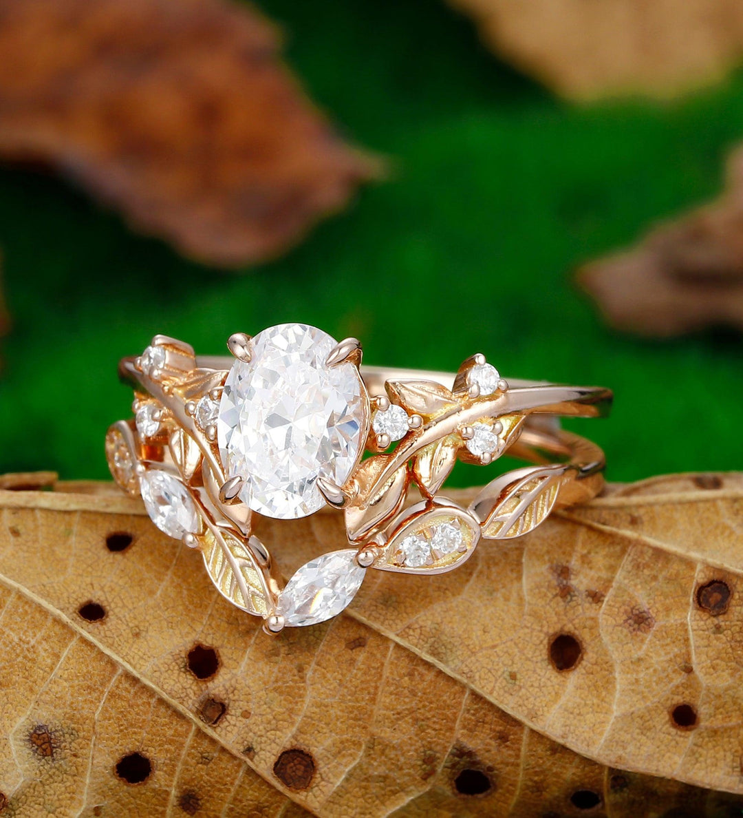 Oval Shaped 1.5CT Rose Gold Leaf Nature Inspired Moissanite Engagement Ring Set - Esdomera