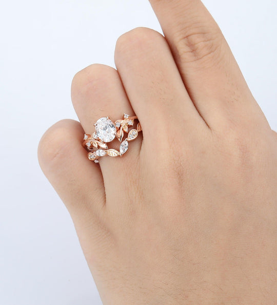 Oval Shaped 1.5CT Rose Gold Leaf Nature Inspired Moissanite Engagement Ring Set - Esdomera