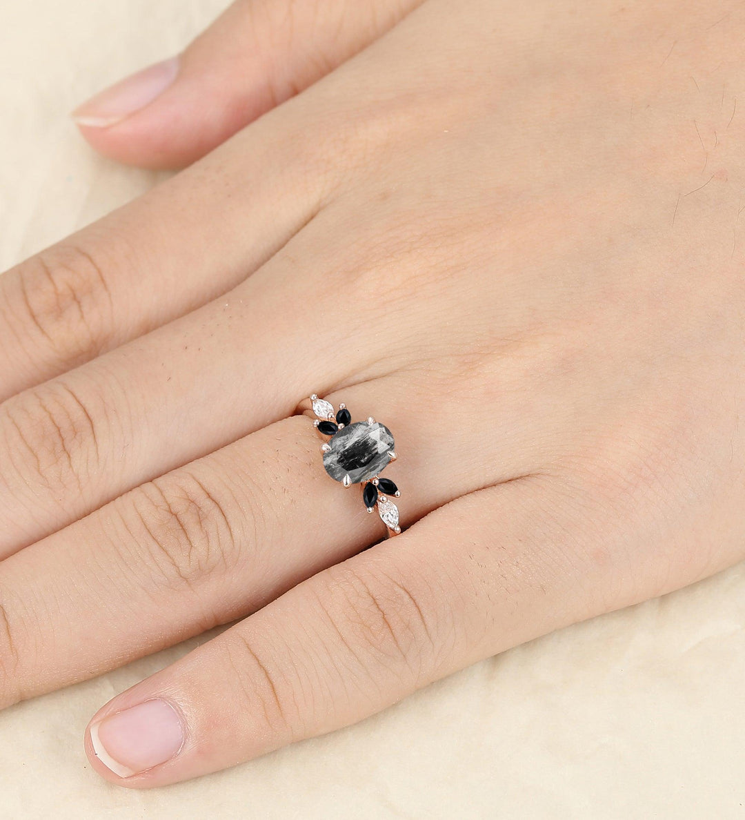 Oval Shaped Herkimer Diamond Rose Gold Black Onyx Unique Cluster Anniversary Ring - Esdomera