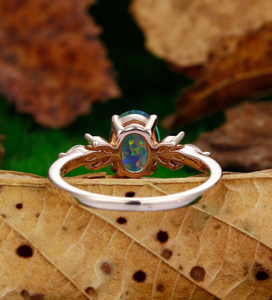 Oval Stripe Green Opal 14K Rose Gold Antique Cluster Wedding Ring - Esdomera